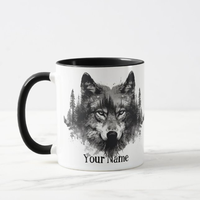 Individuelle Name oder Text Wolf Wasserfarbe Tier Tasse (Links)