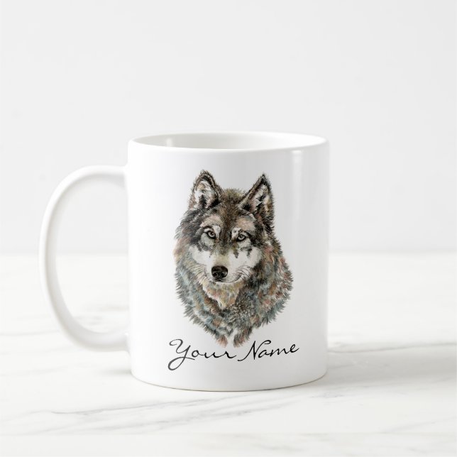 Individuelle Name oder Text Wolf Wasserfarbe Tier Tasse (Links)