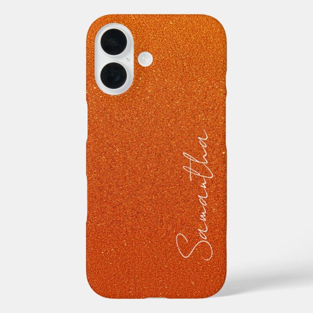 Individuelle Name Orange Glitzer iPhone 16 Hülle (Rückseite)