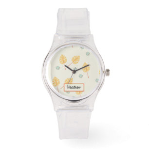 Individuelle Name Orange tropische Blätter Creme Armbanduhr