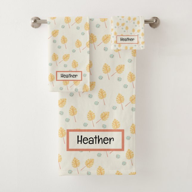 Individuelle Name Orange tropische Blätter Creme Badhandtuch Set (Insitu)