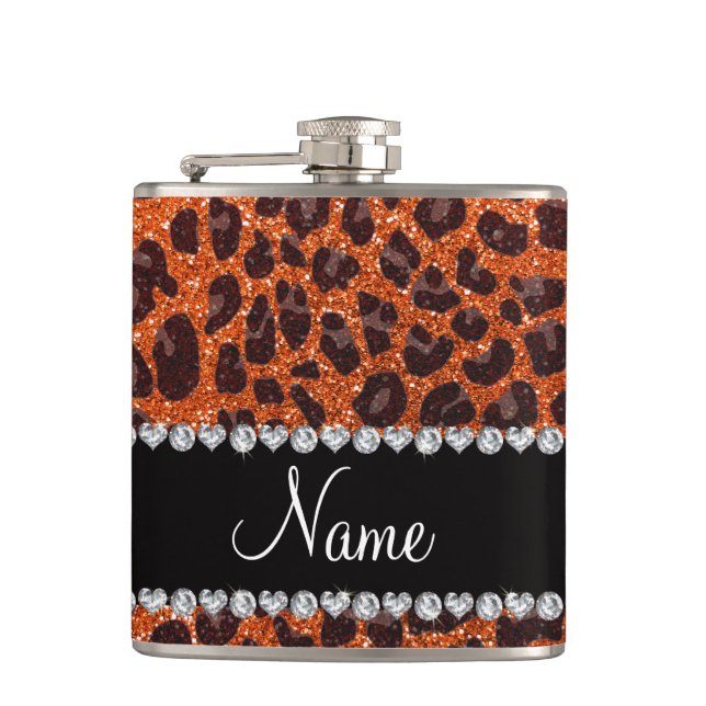 Individuelle Name Orangen-Glitzer-Leopard Flachmann (Vorderseite)