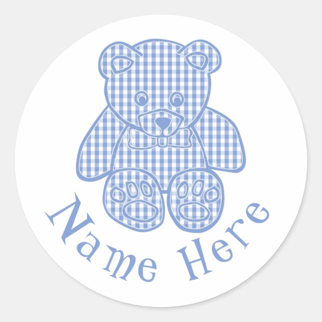 Individuelle Name Pale Blue Pastel Gingham Teddy B Runder Aufkleber (Vorderseite)