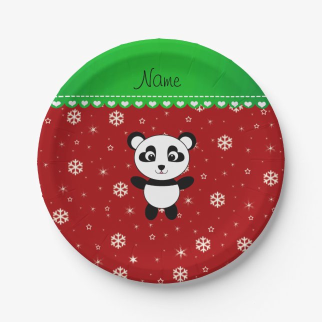 Individuelle Name Panda Rote Schneeflocken Grünstr Pappteller (Vorderseite)