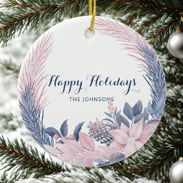 Individuelle Name Pastel Wreath Happy Holidays Keramik Ornament