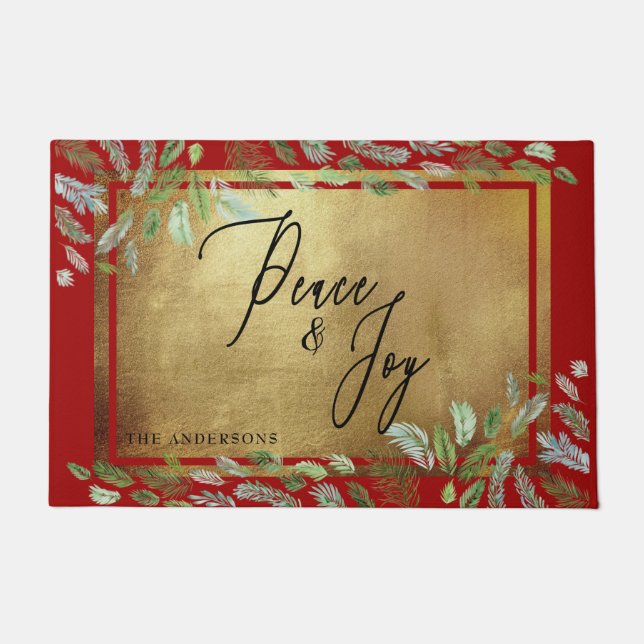 Individuelle Name Peace & Joy Gold & Red Christmas Fußmatte (Vorderseite)