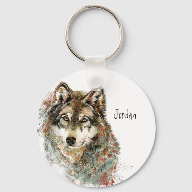 Individuelle Name Personalisiert Gray Wolf Schlüsselanhänger (Vorderseite)