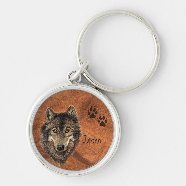 Individuelle Name Personalisiert Wolf & Tracks Sch Schlüsselanhänger (Vorne)