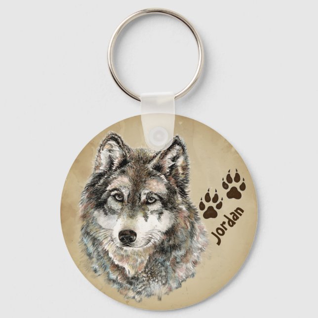 Individuelle Name Personalisiert Wolf & Tracks Sch Schlüsselanhänger (Vorderseite)
