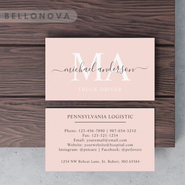 Individuelle Name Pfirsichpfirsichrosa Schwarze Mo Visitenkarte (Custom Name Pale Peach Pink White Black Monogram Business Card)