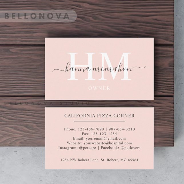 Individuelle Name Pfirsichpfirsichrosa Schwarze Mo Visitenkarte (Custom Name Pale Peach Pink White Black Monogram Business Card)
