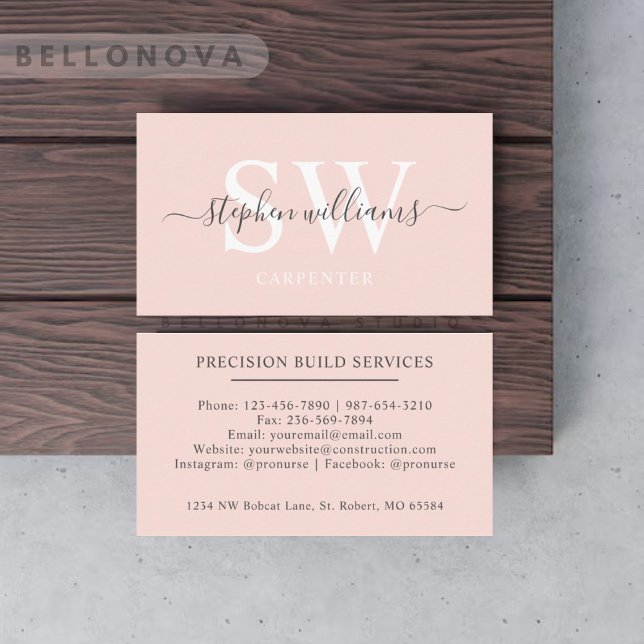 Individuelle Name Pfirsichpfirsichrosa Schwarze Mo Visitenkarte (Custom Name Pale Peach Pink White Black Monogram Business Card)