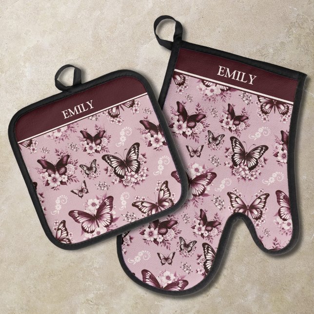 Individuelle Name Pink Butterfly Pattern Ofenhandschuh & Topflappen-Set (Von Creator hochgeladen)