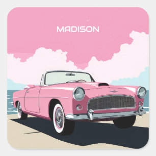 Individuelle Name Pink Classic Car Quadratischer Aufkleber