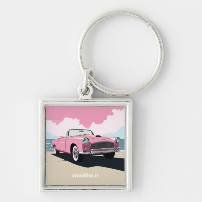 Individuelle Name Pink Classic Car Schlüsselanhänger (Vorne)