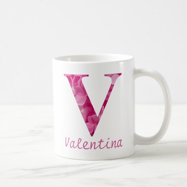 Individuelle Name Pink Floral Alphabet Letter "V"  Kaffeetasse (Rechts)