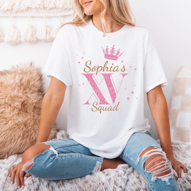 Individuelle Name Pink Glitzer Mis Quince Squad XV T-Shirt (Custom Name Pink Glitter Mis Quince Squad XV Party T-Shirt)
