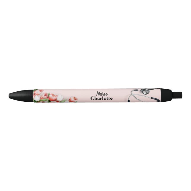 Individuelle Name Pink Tulip Floral Stethoscope Nu Kugelschreiber (Vorderseite)