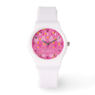 Individuelle Name Pink und Weiß Tennisschläger Armbanduhr