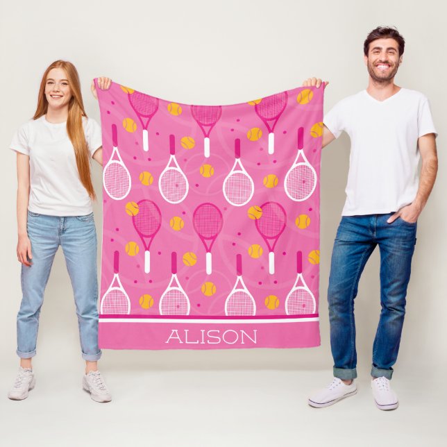 Individuelle Name Pink und Weiß Tennisschläger Fleecedecke (Beispiel)