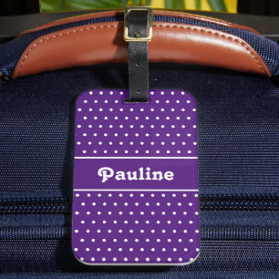 Individuelle Name Polka Dot Dark Lila und weiß Gepäckanhänger