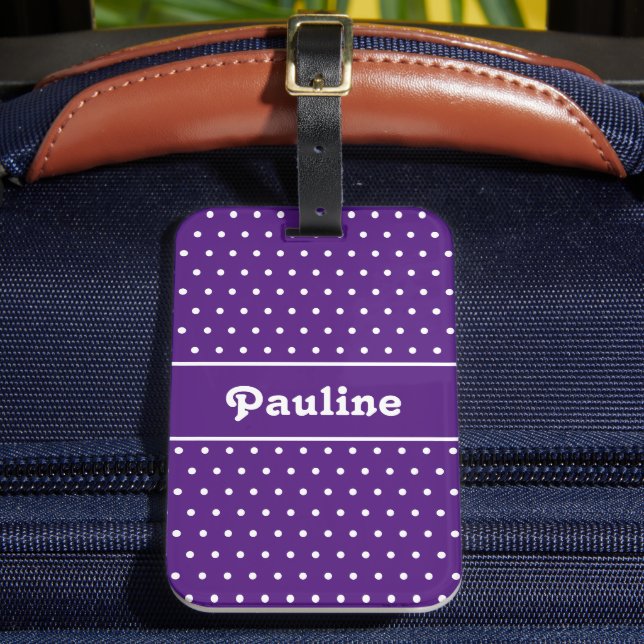 Individuelle Name Polka Dot Dark Lila und weiß Gepäckanhänger (Vorderseite Insitu 2)