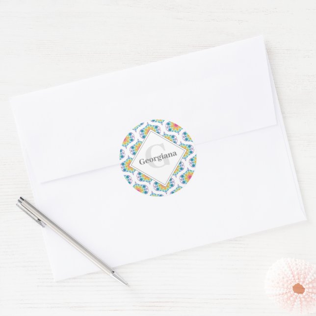 Individuelle Name Rainbow Floral Mandala Retro Oge Runder Aufkleber (Umschlag)