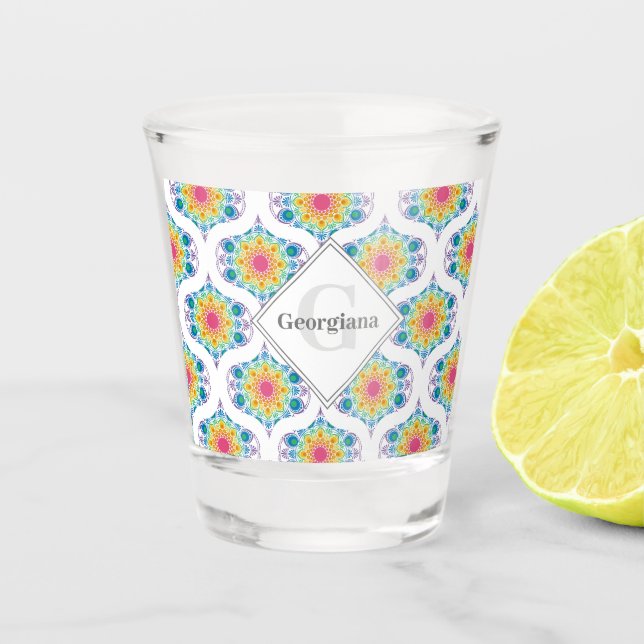 Individuelle Name Rainbow Floral Mandala Retro Oge Schnapsglas (Vorderseite)