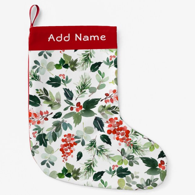 Individuelle Name Red Berries Holiday Pattern Grün Kleiner Weihnachtsstrumpf (Vorderseite)