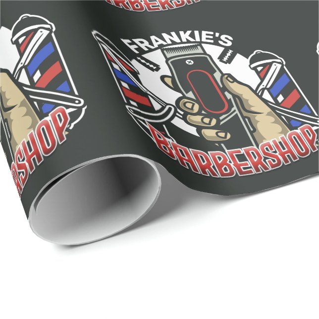 Individuelle Name Retro Barber Shop Pole Barbersho Geschenkpapier (Rolleneckpunkt)