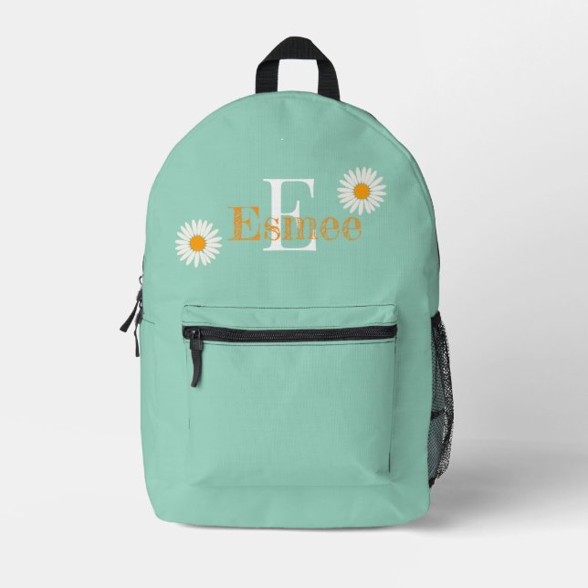 individuelle Name Retro blauer Rucksack mit daisy (Vorderseite)