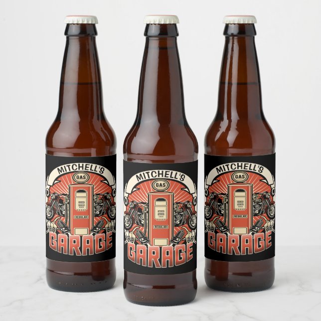 Individuelle Name Retro Gaspumpe Motorradfahrer Ga Bierflaschenetikett (Flaschen)