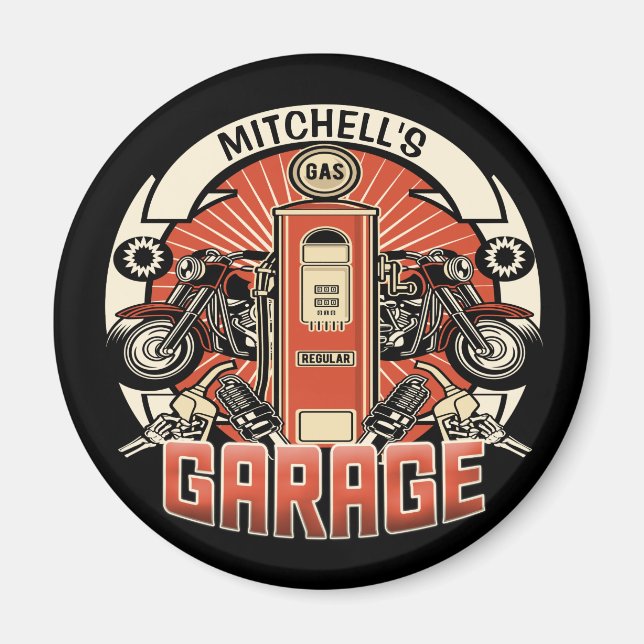 Individuelle Name Retro Gaspumpe Motorradfahrer Ga Magnet (Vorne)