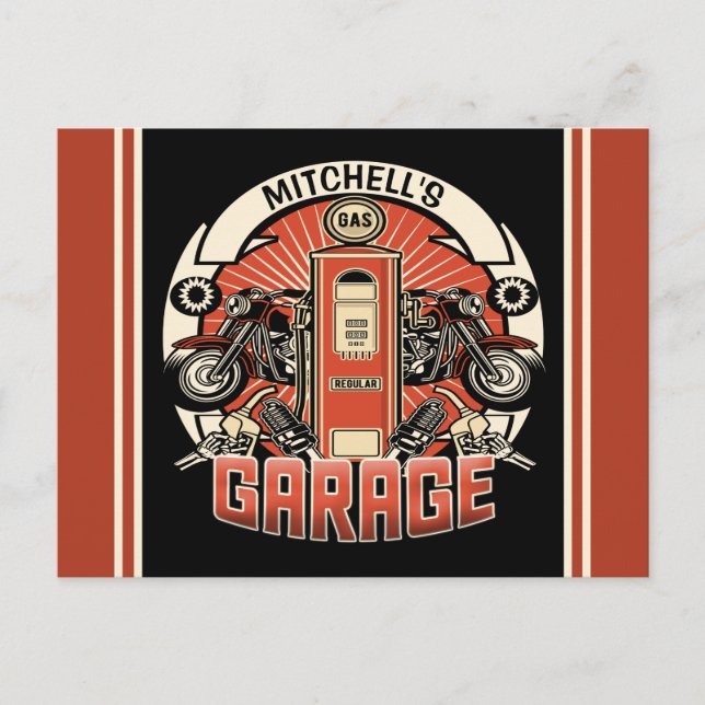 Individuelle Name Retro Gaspumpe Motorradfahrer Ga Postkarte (Vorderseite)