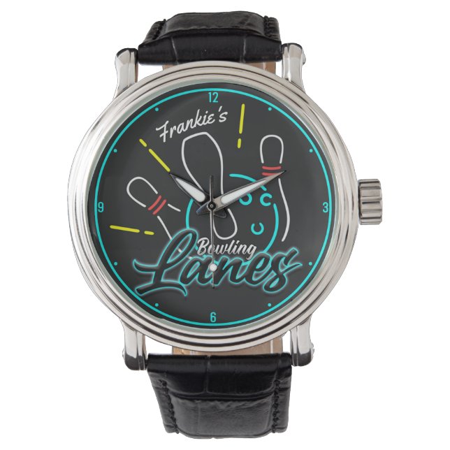 Individuelle Name Retro Imitate Neon Bowler Bowlin Armbanduhr (Vorderseite)