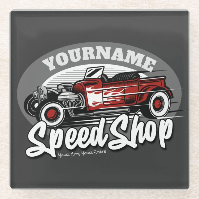 Individuelle Name Rockabilly Roadster Speed Shop G Glasuntersetzer (Vorderseite)