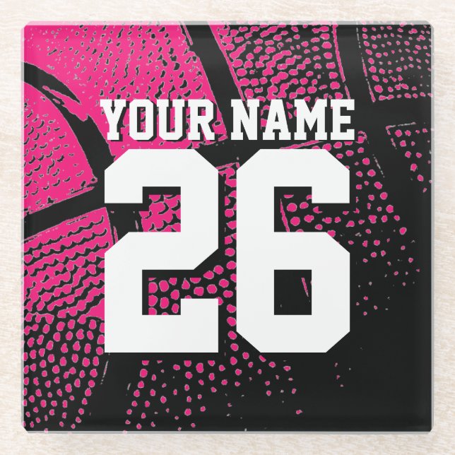 Individuelle Name rosa Basketballsportnummer Glasuntersetzer (Vorderseite)