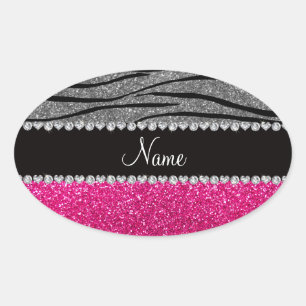 Individuelle Name Rosa Glitzer hellgraue Zebrastre Ovaler Aufkleber