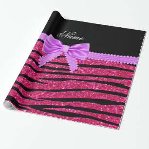 Individuelle Name Rosa Glitzer Zebrastreifen Geschenkpapier