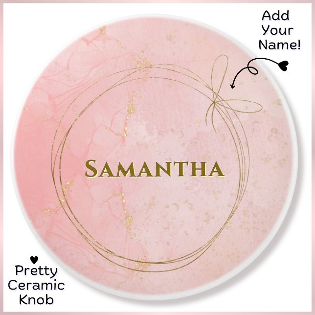 Individuelle Name, rosa und goldene Keramik Keramikknauf (Cute girly pink & gold custom name ceramic knob featuring delicate gold string tied in a bow.)
