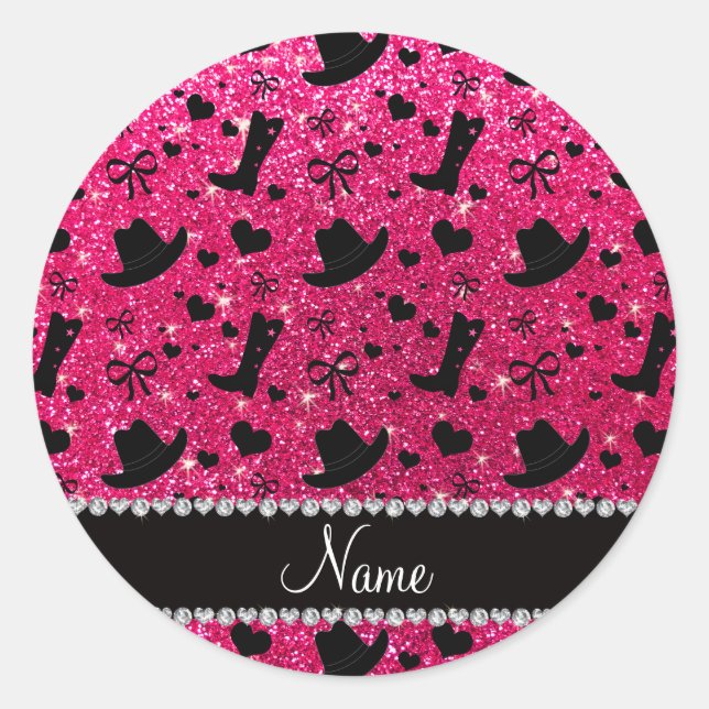 Individuelle Name Rose Rosa Glitzer Cowboy Stiefel Runder Aufkleber (Vorderseite)