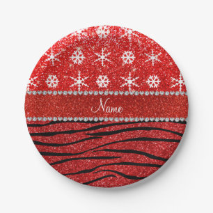Individuelle Name Roter Glitzer Zebra Schneeflocke Pappteller