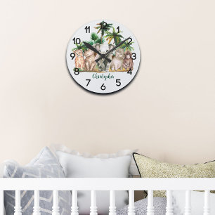 Individuelle Name Safari Animals Palm Trees Kinder Runde Wanduhr