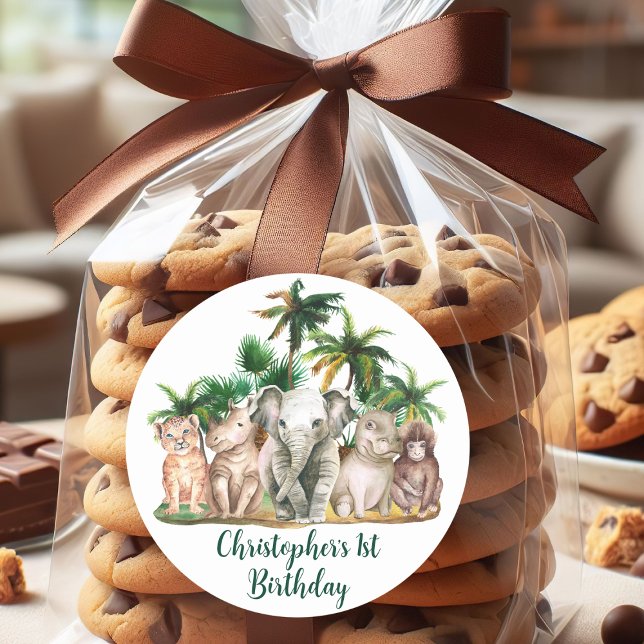 Individuelle Name Safari Tiere Palmen Bäume Runder Aufkleber (Von Creator hochgeladen)