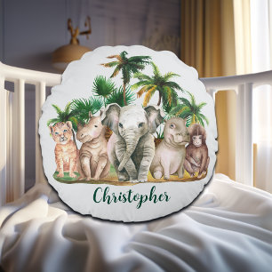 Individuelle Name Safari Tiere Palmen Bäume Rundes Kissen
