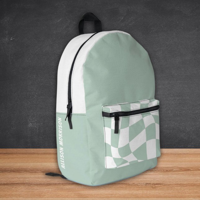 Individuelle Name School Backpacks - Sage Checked Bedruckter Rucksack (Custom Name School Backpacks - Sage Green)