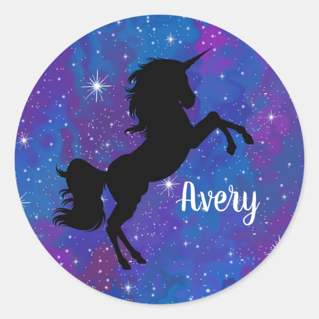 Individuelle Name Schwarz/Lila Galaxy Einhorn Aufk Runder Aufkleber (Vorderseite)