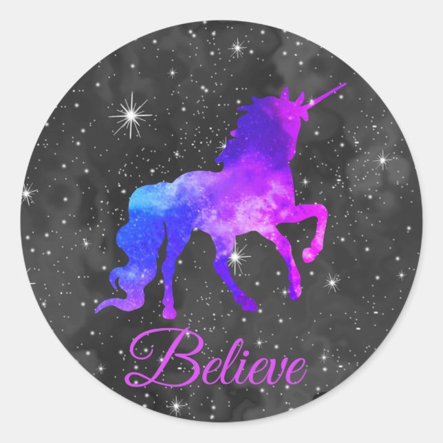 Individuelle Name Schwarz/Lila Galaxy Einhorn Aufk Runder Aufkleber (Vorderseite)
