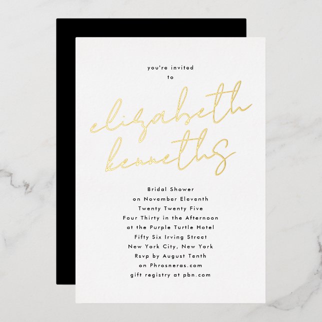 Individuelle Name Schwarz-weiß GOLD Brautparty Folieneinladung (Vorderseite/Rückseite)