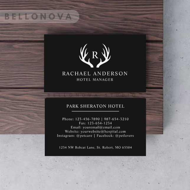 Individuelle Name Schwarz-Weiß-Hirsch-Antler-Monog Visitenkarte (Custom Name Black And White Deer Antler Monogram Business Card)
